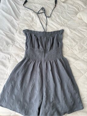 Smocked Waiststrap Grey Blue Romper